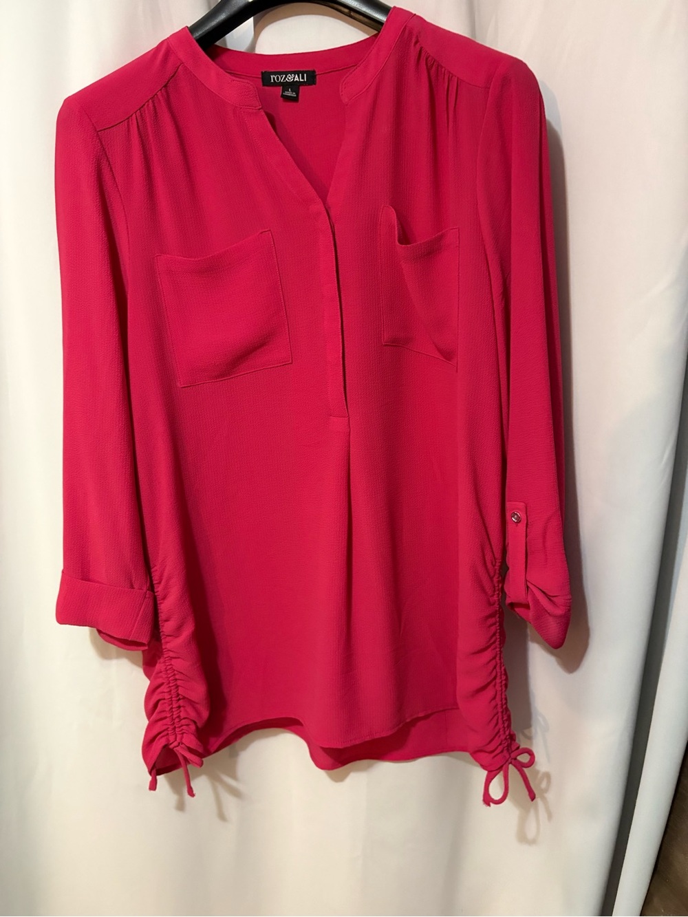 Roz & Ali Hot Pink V-Neck Pocket Tunic with Side Ties